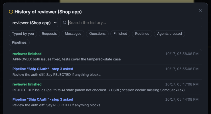 Searchable history of an agent